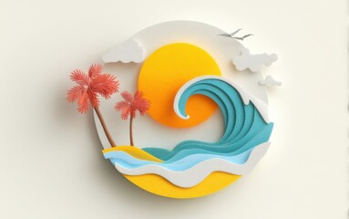 Detailed paper sculpture depicting a wave, sun, and palm trees on a tranquil beach scene in bright colors