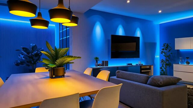 Modern living room with blue lighting accents showcasing contemporary interior design