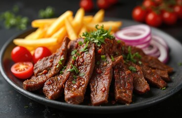 Fototapeta premium Lomo saltado dish served on black plate. Fried potatoes, sliced beef marinated in soy sauce, onions tomatoes, parsley garnish. Peruvian cuisine. Gourmet meal for dinner lunch.