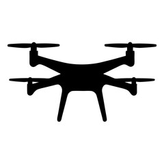 A Silhouette of a Quadcopter Drone with Four Rotors,Landing Gear, and Camera for Filming on a transparent background