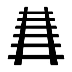 A low angle perspective of railway tracks leading upwards,depicted in a simple, bold silhouette on a transparent background