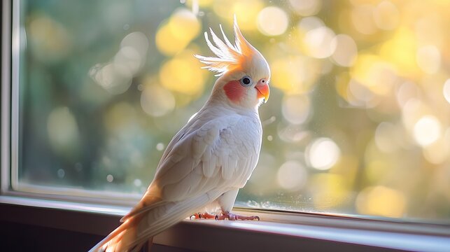 A vibrant white cockatoo with a striking crest perched by a window, basking in the soft glow of natural light.