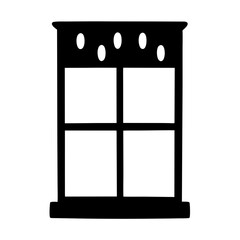 Black and drawing of a stylizedwindow frame with decorative details on top edge on a transparent background