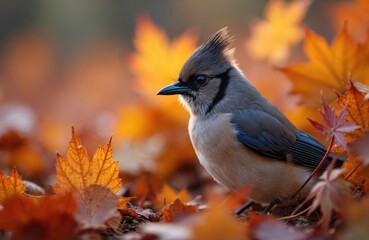 Siberian jay bird Perisoreus infaustus sits among autumn foliage. Autumnal forest colors. Cute songbird in natural environment with golden leaves. Fauna, wildlife.