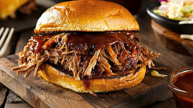 Delicious Slow Cooked Pulled Pork Sandwich with Rich Barbecue Sauce and Fresh Coleslaw