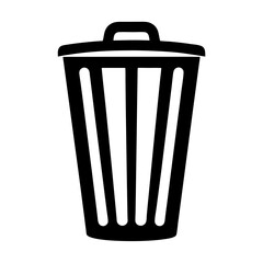 Black and graphic representation of a waste basket,ideal for disposal purposes on a transparent background