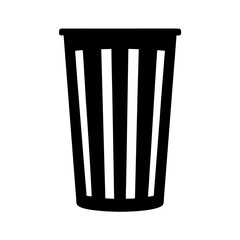 Minimalist black silhouette illustration of a trash can or wastepaper basket,simple and clean style on a transparent background