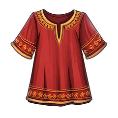 A vibrant red traditional tunic featuring intricate golden patterns, perfect for showcasing cultural heritage in fashion.