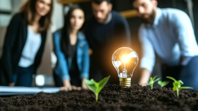 The team behind an innovative, eco-friendly startup celebrates their prestigious award. They gather around a glowing lightbulb in soil, symbolizing the growth of their business ide