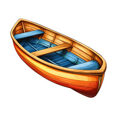 A vibrant wooden boat with blue and orange colors, perfect for travel and adventure on calm waters.