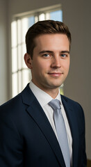 Professional headshot of young businessman in suit and tie for corporate