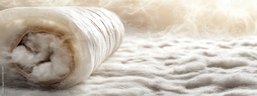 Poster soft fluffy roll of cotton fabric resting on a textured surface with a warm light backdrop
