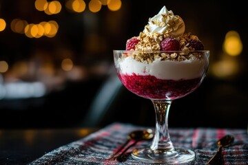 Classic Scottish treat cranachan featuring raspberries cream and toasted oats in a glass