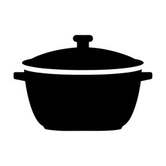 Black silhouette illustration of cooking pot withlid and side handles on on a transparent background