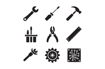 Essential Tool Icons Set Wrench, Screwdriver, Hammer, Gear, Circuit Board Silhouettes