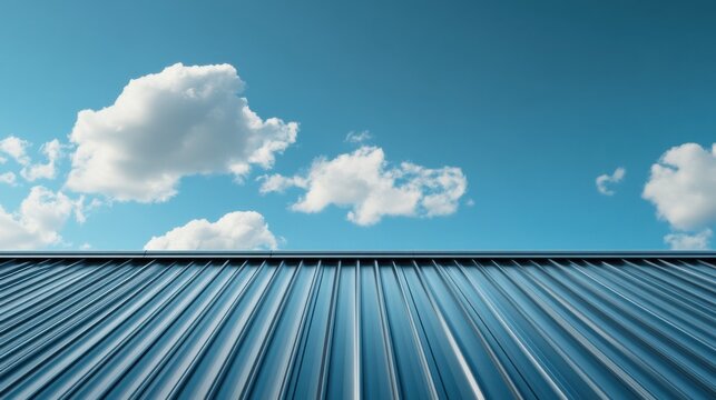 Bright blue sky with fluffy clouds above a sleek metallic rooftop during the daytime