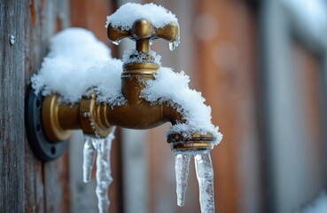 Outdoor faucet covered snow, ice. Winter season, frozen tap, icicles. Home maintenance, prevent pipe damage, cold weather, temperature drops. Winterization practices, home improvement tasks,