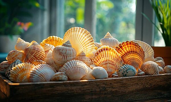 A beautifully arranged collection of seashells illuminated by sunlight in a cozy indoor setting