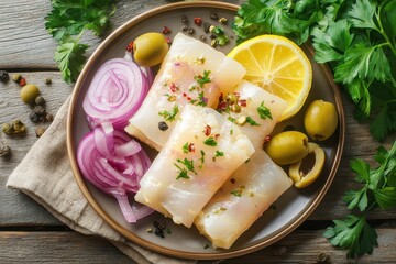 Close up of a plate featuring marinated herring rolls with olives onions pickles and lemon viewed from above