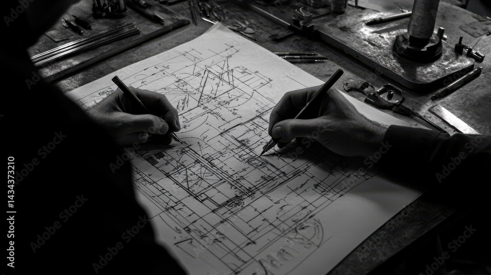Poster two hands drawing technical blueprint in workshop with tools and instruments