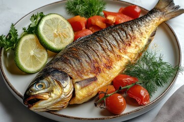 Close up of delicious Arctic char fillet and fresh vegetables on a plate viewed vertically