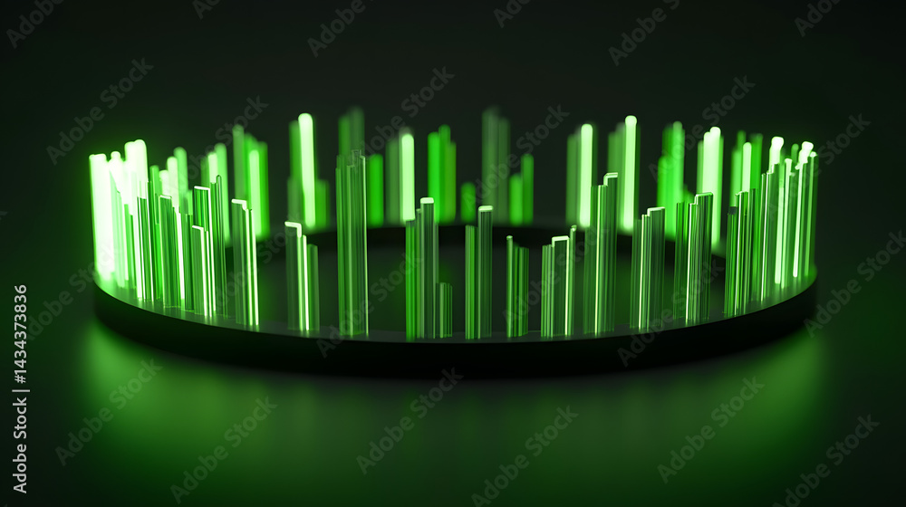 Poster 3d rendered abstract diagram of glowing green bars arranged in circular pattern on dark background, 