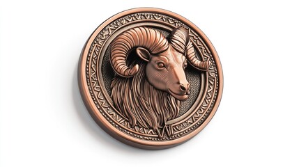 Bronze ram head medallion, isolated, white background, zodiac symbol, design element