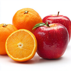 Bright Orange and Red Apples and Oranges on White Background