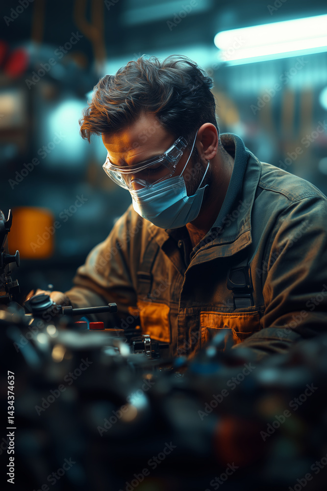 Poster Focused mechanic practices safety while repairing an engine in workshop