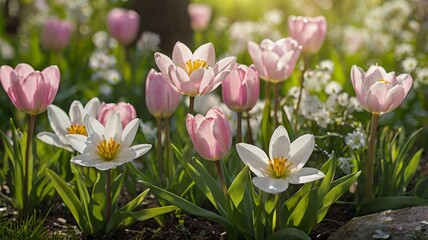 Fototapeta premium Pink and white tulips are blooming in a vibrant spring garden, illuminated by warm sunlight, creating a picturesque scene of natural beauty and renewal