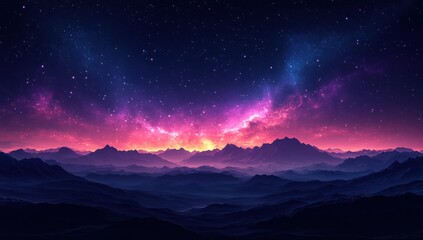 Vast, star-studded landscape of majestic mountains.