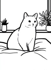 Cat sitting on a bed near window with plants during daylight hours in a cozy indoor setting