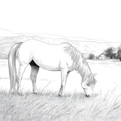 Beautiful white horse grazing in a lush green field with distant mountains and a small farmhouse in the background