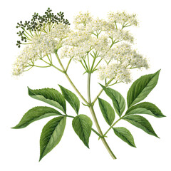 Elderflower botanical illustration on black background
