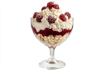 Cranachan a classic Scottish dessert A glass of whipped cream berries and oatmeal against a white backdrop