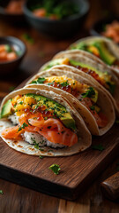 Interesting sushi taco fusion served on a wooden platter