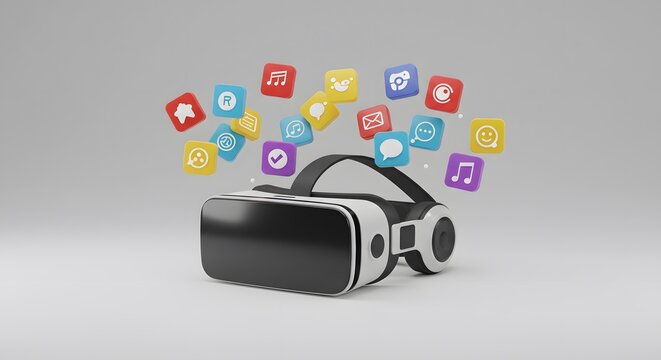 VR headset surrounded by floating app icons