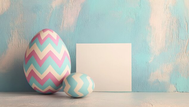 Two pastel chevron patterned Easter eggs and a blank card on a blue background