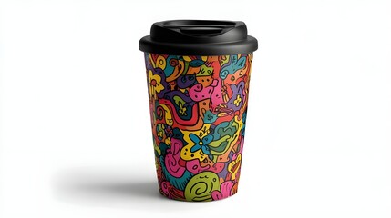 Colorful Psychedelic Patterned Reusable Coffee Cup
, A vibrant, psychedelic-patterned reusable coffee cup with a black lid, featuring bold, swirling colors against a white background.
