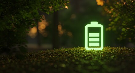 Green battery icon in a forest indicating ecological health