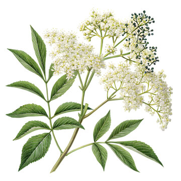 Detailed botanical illustration of elderflower on black