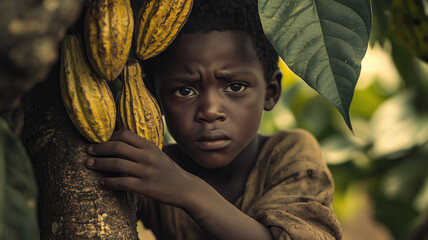 Lone boy with sorrowful eyes stands by cocoa tree in rural landscape
