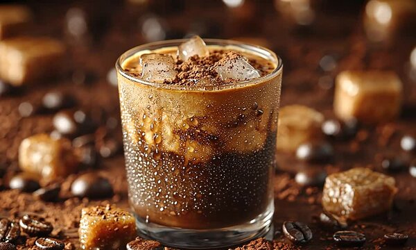 A close-up of a refreshing iced coffee drink with sugar cubes and coffee beans scattered around