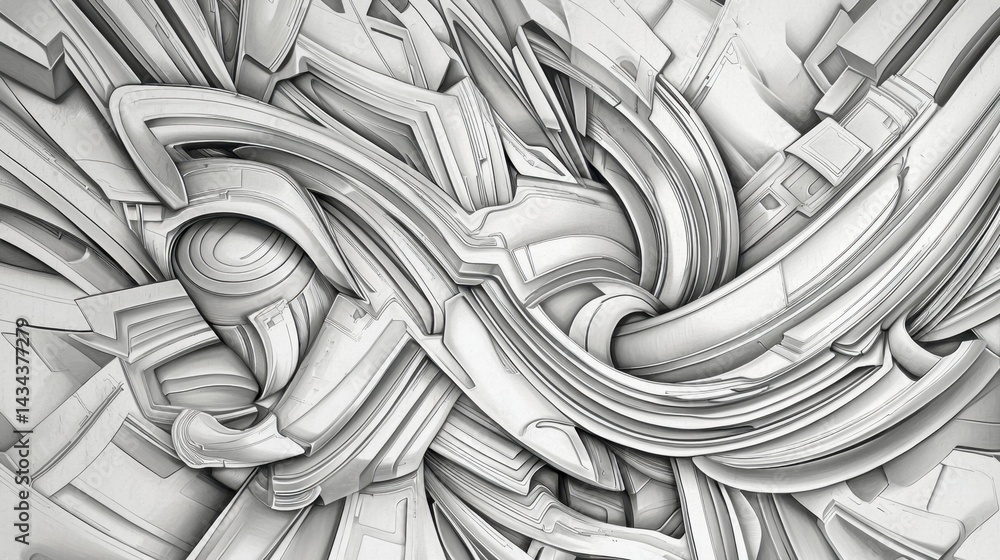 Poster intricate swirling patterns of abstract sculpture displayed in monochrome textures