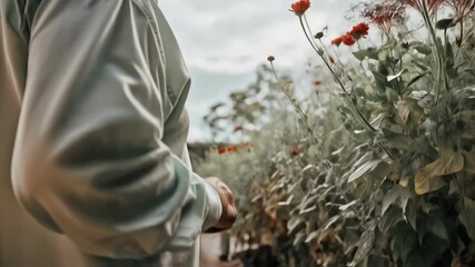 Closeup of an elderly man in a garden the neural wearable atop his head as he examines a flower closely demonstrating heightened awareness of his surroundings and an appreciation