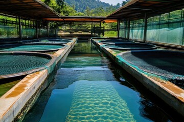 Cultivating sturgeon in artificial ponds for caviar production with walkways and nets