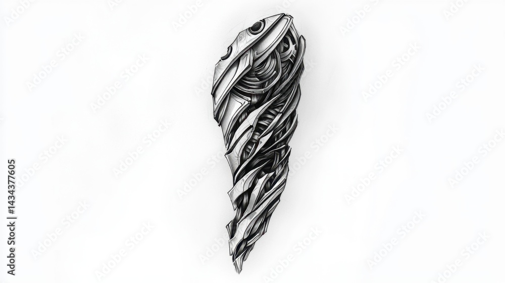 Poster detailed artwork of a stylized fish hook design showcasing intricate patterns and textures in a mono