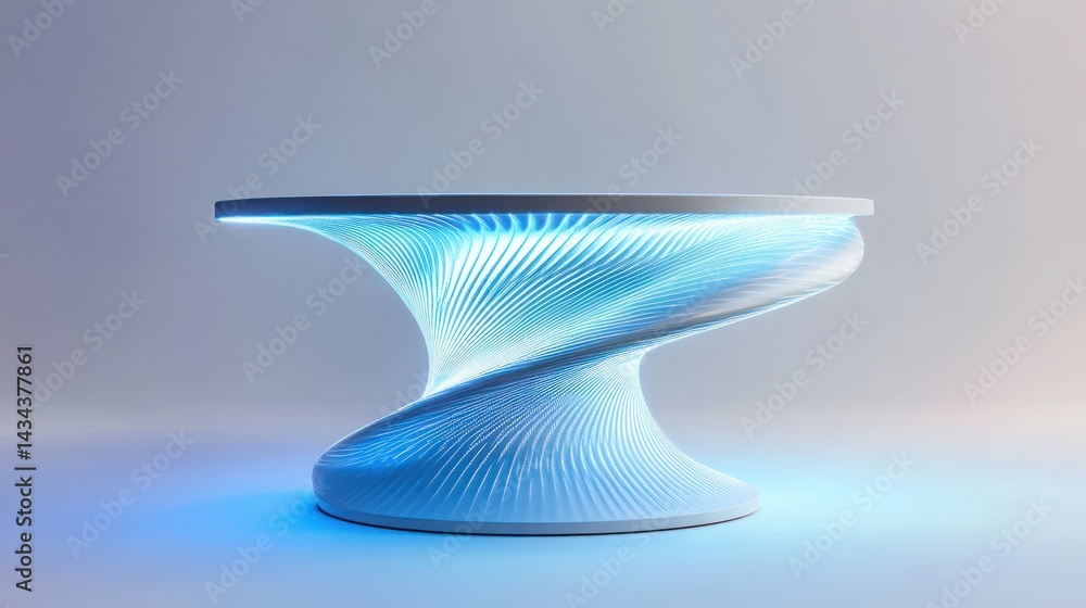 Aufkleber modern side table with a twisted base glowing blue light in a studio setting