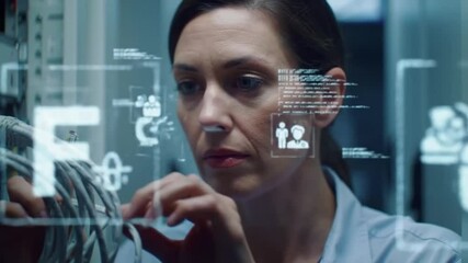 IT technician in server room checking data cables, with holographic firewall icons and digital code overlay, calm lighting - Powered by Adobe