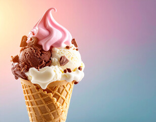 Chocolate, Vanilla, and Strawberry Swirl Ice Cream Cone with Chocolate Chunks – Vibrant and Tempting Summer Dessert